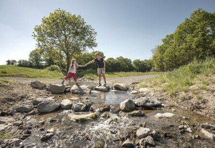 Zwei Personen überqueren einen kleinen Bach auf Steinen. Im Hintergrund sind Bäume und ein klarer Himmel zu sehen., © Kappest, REMET Zwei Personen überqueren einen kleinen Bach auf Steinen. Im Hintergrund sind Bäume und ein klarer Himmel zu sehen., © Kappest, REMET