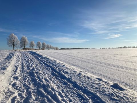 Ein schneebedecktes Feld unter blauem Himmel.