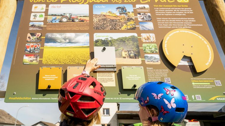Zwei Kinder in Helmen schauen auf ein Schild, das den landwirtschaftlichen Prozess von der Aussaat bis zur Ernte erklärt. Es sind verschiedene Bilder und Informationen zur Landwirtschaft dargestellt.