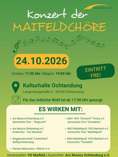 Ein Plakat für ein Konzert der Maifeldchöre. Das Event findet am 24. Oktober 2026 in der Kulturschalle Ochtendung statt.