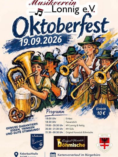 Plakat für das Oktoberfest des Musikvereins Lonnig e.V. am 19.09.2026. Es zeigt Musiker mit Instrumenten und Informationen zu Eintritt und Programm.