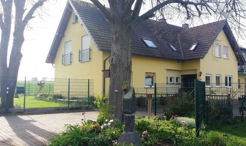 Ein gelbes Haus mit einem großen Garten und einem grünen Zaun. Daneben steht ein großer Baum und es sind Blumenbeete zu sehen.