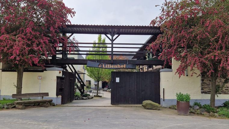 Ein Eingang zu einem Hof mit der Beschriftung "Liliensthof". Bunte Blumen umgeben den Eingang und sorgen für eine einladende Atmosphäre.