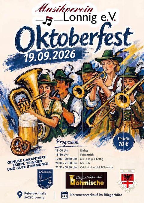 Plakat für das Oktoberfest des Musikvereins Lonnig e.V. am 19.09.2026. Es zeigt Musiker mit Instrumenten und Informationen zu Eintritt und Programm.