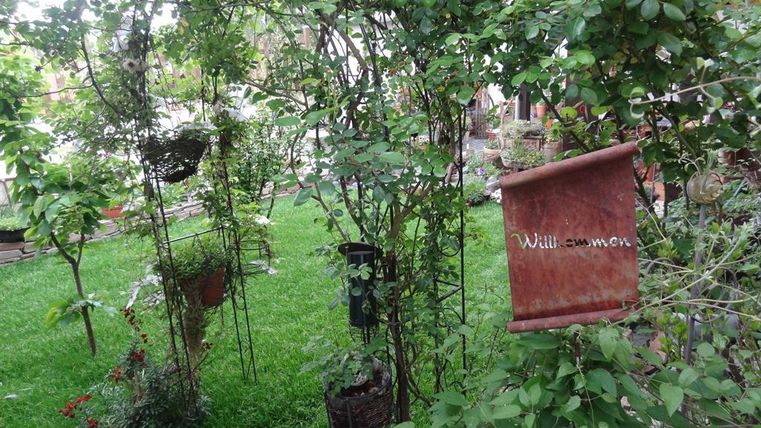 Ein grüner Garten mit vielen Pflanzen und einem Willkommensschild. Der Raum ist lebhaft und einladend.