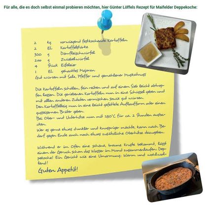 Een handgeschreven recept voor Maifelder Deppkoche op geel papier. Daarbij wordt een foto van het eindgerecht en de ingrediënten getoond.