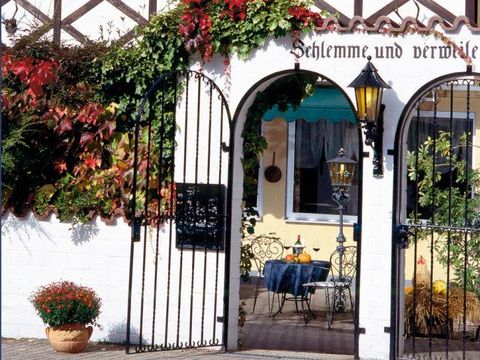 Ein einladender Innenhof mit einem schmiedeeisernen Tor. Auf dem Tisch stehen gemütliche Stühle und ein Tisch, umgeben von bunten Pflanzen.