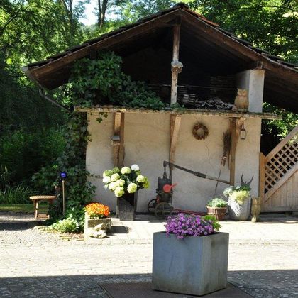Ein charmantes kleines Haus im Grünen mit einer rustikalen Fassade. Umgeben von Blumen und Pflanzen strahlt es Ruhe und Gemütlichkeit aus.