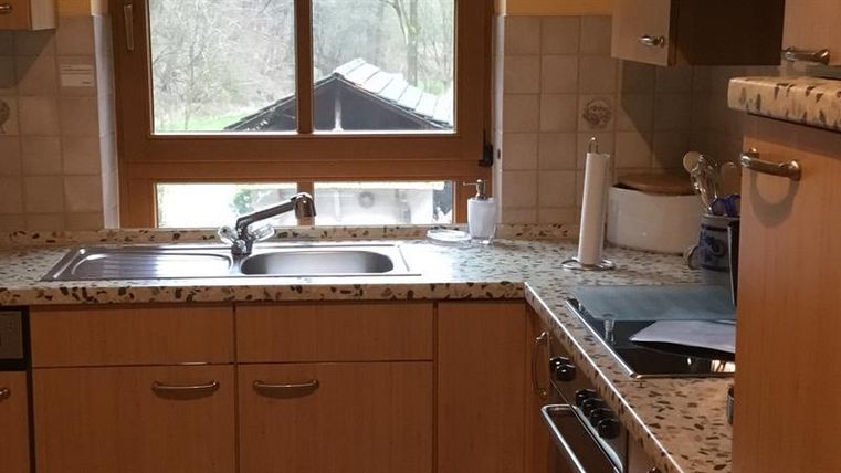 Eine moderne Küche mit Holzschränken und Granitoberflächen. Der Blick aus dem Fenster zeigt einen grünen Außenbereich.