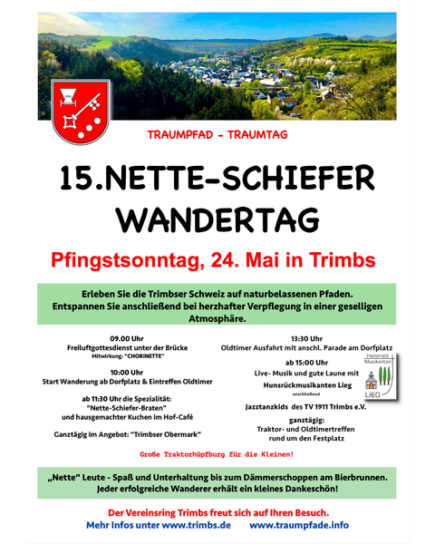 Ein Werbeflyer für den 14. Nette-Schiefer Wandertag in Trimbs. Der Event findet am Pfingstsonntag, 08. Juni, statt und lädt zur Entspannung und zu Wanderungen in schöner Natur ein.