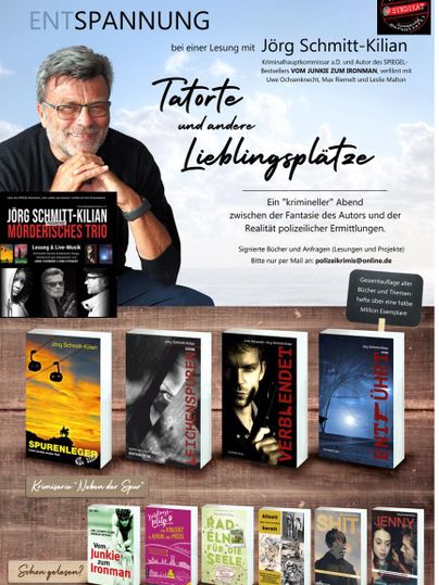 Ein Werbeplakat für eine Lesung mit Jörg Schmitt-Kilian. Unten sind mehrere Buchcover zu sehen, die mit Kriminalgeschichten zu tun haben.