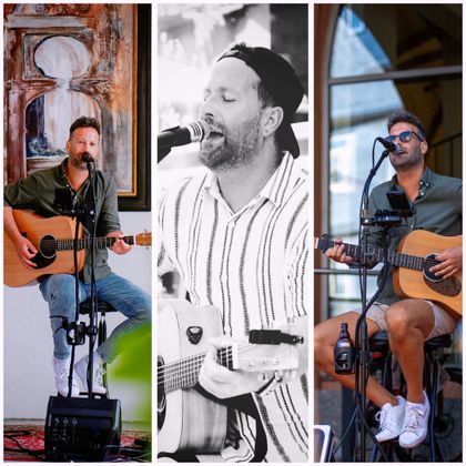 Drei Musiker, die live mit Akustikgitarren auftreten. Jeder von ihnen hat einen einzigartigen Stil und performt an verschiedenen Orten.