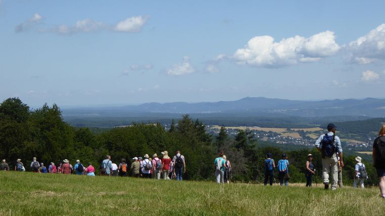 Eine Gruppe von Wanderern auf einem Feld mit Blick auf eine malerische Landschaft. Der Himmel ist klar und die Natur ist grün und einladend.