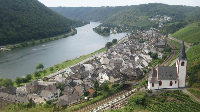 Eine malerische Landschaft mit einem Fluss, umgeben von grünen Hügeln und Weinbergen. Im Vordergrund sind Häuser und eine Kirche zu sehen.