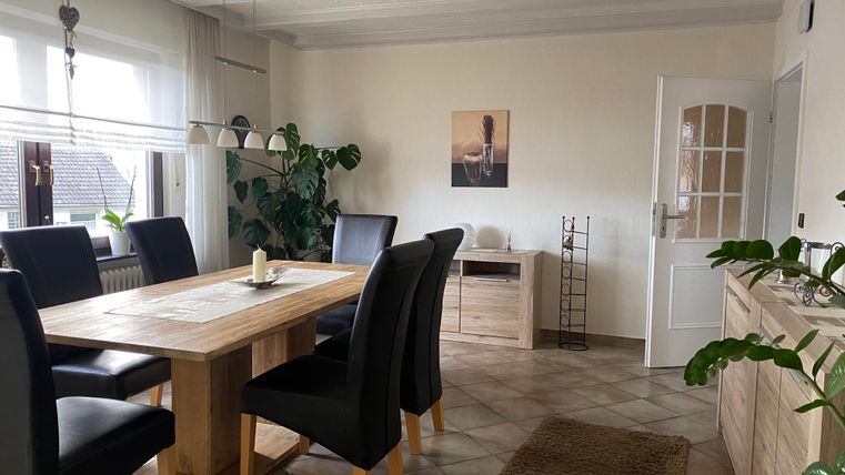 Ein modernes Esszimmer mit einem Holztisch und schwarzen Stühlen. Große Fenster lassen viel Licht herein und es gibt grüne Pflanzen im Raum.