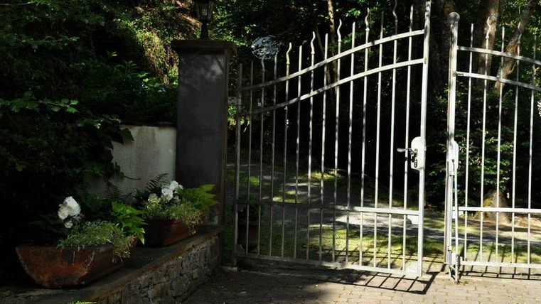 Ein elegantes Gartentor aus Metall, umgeben von üppigem Grün und blühenden Pflanzen. Der Weg hinter dem Tor ist von Bäumen gesäumt und lädt zum Erkunden ein.