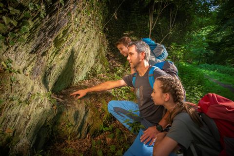 Drei Personen betrachten eine Felswand im Wald.