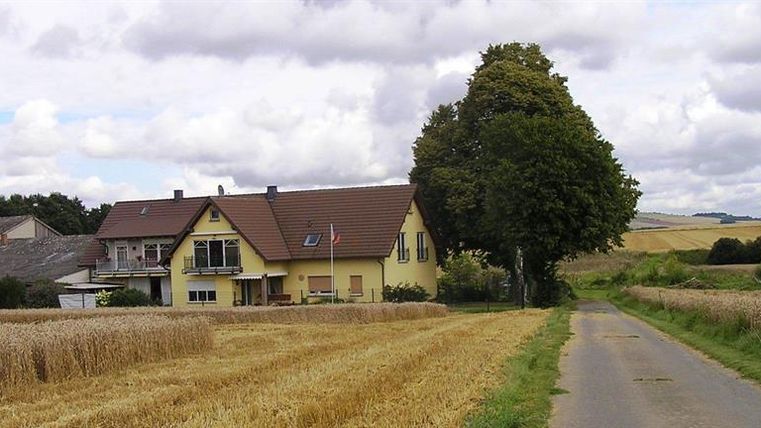 Ein ruhiges Landhaus neben einem Weizenfeld und einer Straße. Der Himmel ist bewölkt und die Landschaft wirkt friedlich.