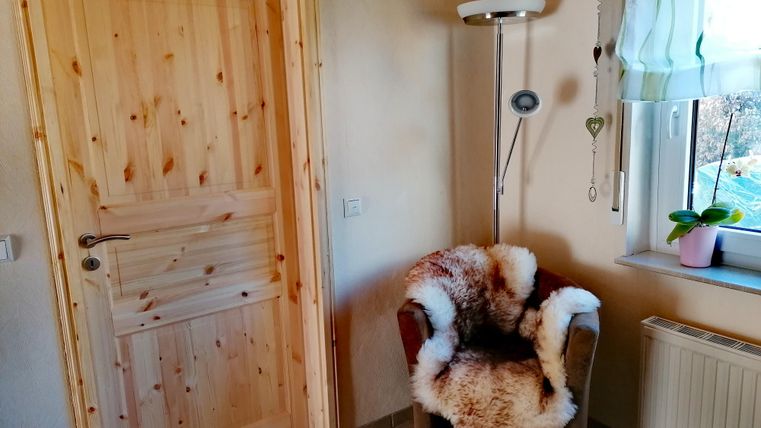 Ein gemütlicher Raum mit einer Holzinnentür und einem Stuhl, der mit einem Fell überzogen ist. Neben dem Stuhl befindet sich ein Fenster mit Pflanzen und einem Heizkörper.