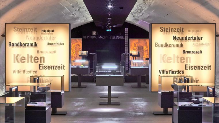 Ein moderner Ausstellungsraum mit Vitrinen und Informationsschildern zu verschiedenen historischen Epochen. Die Wände sind mit Begriffen wie "Kelten" und "Eisenzeit" dekoriert.