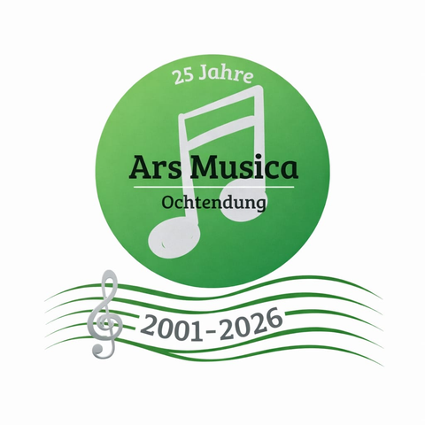 Ein farbenfrohes Logo für das 25-jährige Jubiläum von Ars Musica. Die Schriftzüge und Notensymbole betonen musikalische Leidenschaft und Feiern.