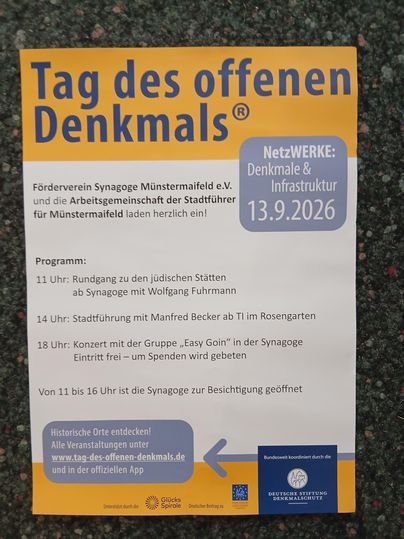 Ein Veranstaltungshinweis für den Tag des offenen Denkmals in Münstermaifeld. Das Programm umfasst Führungen und musikalische Darbietungen in der Synagoge.