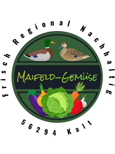 Ein rundes Logo mit dem Text "Maifeld-Gemüse". Darauf sind frisches Gemüse und Enten abgebildet, umgeben von dem Slogan "Frisch Regional Nachhaltig".