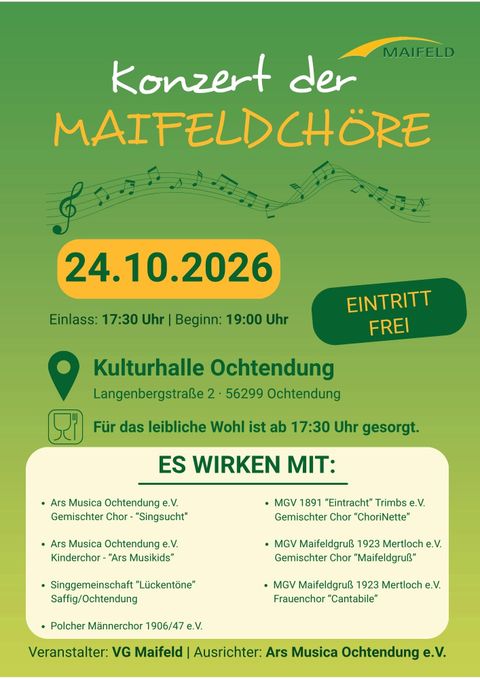 Ein Plakat für ein Konzert der Maifeldchöre. Das Event findet am 24. Oktober 2026 in der Kulturschalle Ochtendung statt.