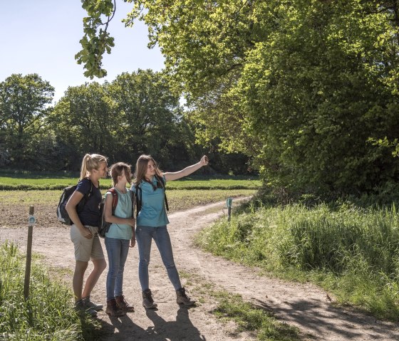 Drei Personen machen ein Selfie auf einem sonnigen Wanderweg, umgeben von grünen Bäumen und Wiesen., © Kappest, REMET