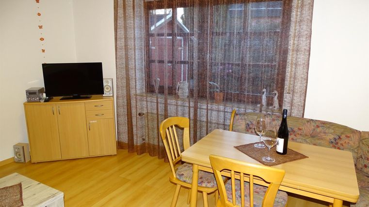 Ein gemütlicher Wohnraum mit einem Tisch, Stühlen und einem Fernseher. Durch das Fenster fallen sanfte Lichtstrahlen und der Raum wirkt einladend.