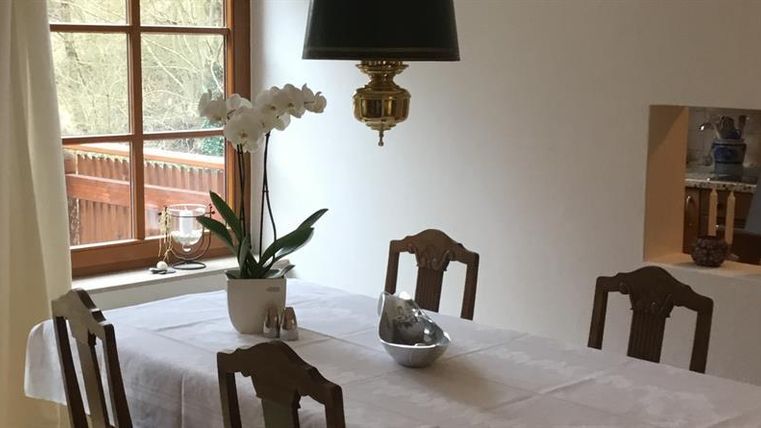 Ein eleganter Esstisch mit Stühlen steht in einem hellen Raum. Große Fenster lassen viel Tageslicht herein, und eine Orchidee verleiht dem Raum eine frische Note.