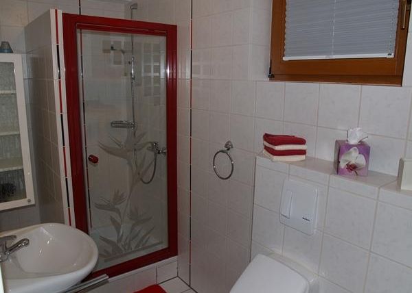 Ein modernes Badezimmer mit einer Dusche, einem Waschbecken und einer Toilette. Die Wände sind hell gefliest und es gibt einige dekorative Handtücher.