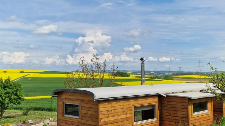Ein Holzhaus umgeben von grünen Wiesen und gelben Rapsfeldern. Der Himmel ist klar mit einigen Wolken.