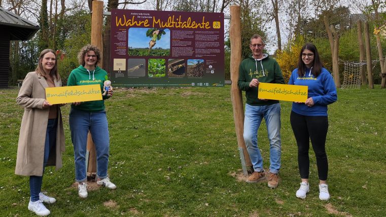 Die Infotafel zur Zuckerrübe mit Herrn Bürgermeister Mumm, den Mitarbeiterinnen des Tourismus-Büros und der Mitarbeiterin von Pfeifer & Langen.
