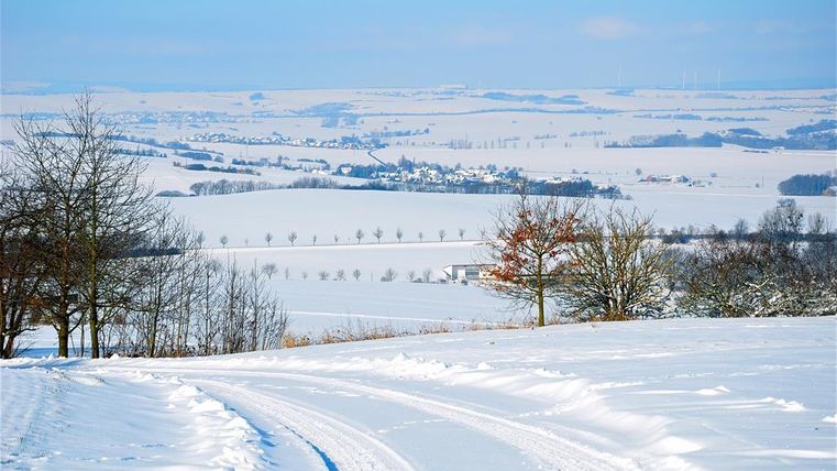 Eine verschneite Landschaft mit sanften Hügeln und einem klaren blauen Himmel. Im Vordergrund sind schneebedeckte Bäume und Felder zu sehen.