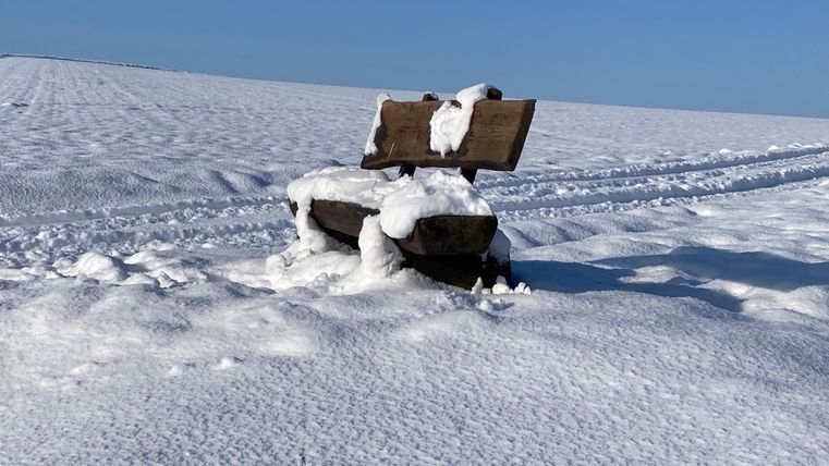 Eine schneebedeckte Holzbank unter blauem Himmel