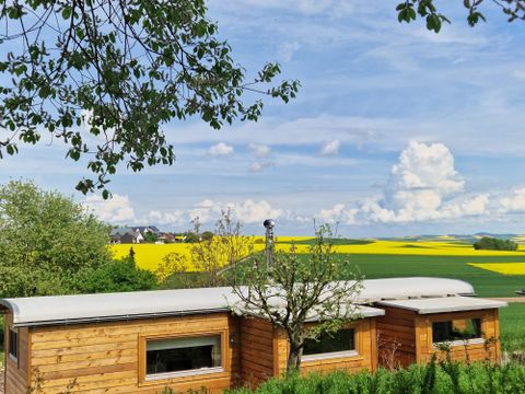 Ein Holzhaus umgeben von grünen Feldern und Bäumen. Im Hintergrund sind gelbe Rapsfelder und ein blauer Himmel mit Wolken zu sehen.