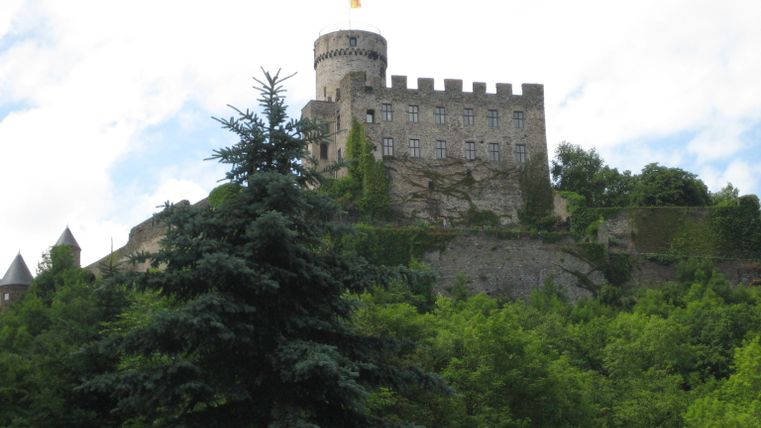 Eine beeindruckende Burg auf einem Hügel, umgeben von grünen Bäumen. Der Himmel ist teilweise bewölkt.