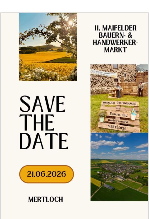 Ein Ankündigungsplakat für den 11. Maifelder Bauern- und Handwerkermarkt in Mertloch. Verschiedene Bilder zeigen ländliche Szenen und Begrüßungseinrichtungen.