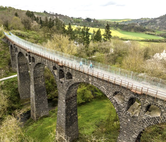 Zwei Radfahrer überqueren das Nette-Viadukt auf dem Maifeld-Radwanderweg, umgeben von grüner Landschaft und blühenden Bäumen., © Eifel Tourismus GmbH, Dominik Ketz
