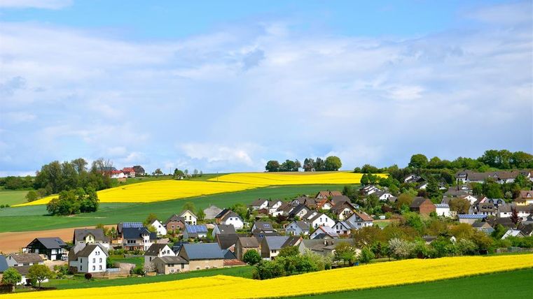 Eine ruhige Landschaft mit bunten Feldern und einem kleinen Dorf. Die gelben Rapsfelder kontrastieren eindrucksvoll mit dem grünen Gras und dem blauen Himmel.