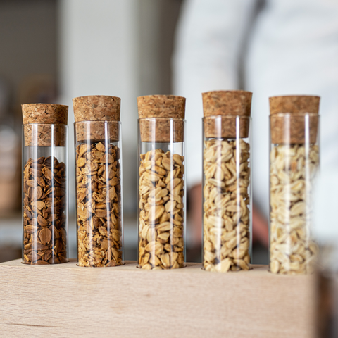 Fünf Glasröhrchen mit verschiedenen Sorten von Müsli und Haferflocken. Die Röhrchen sind mit Korken verschlossen und stehen auf einem Holzbrett.