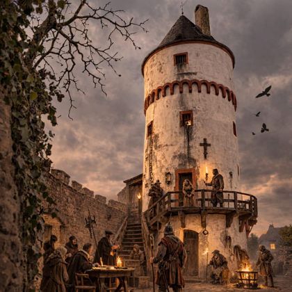 Ein mittelalterlicher Wachturm mit einer malerischen Umgebung. Menschen in historischer Kleidung stehen in der Nähe und genießen die Abendstimmung.