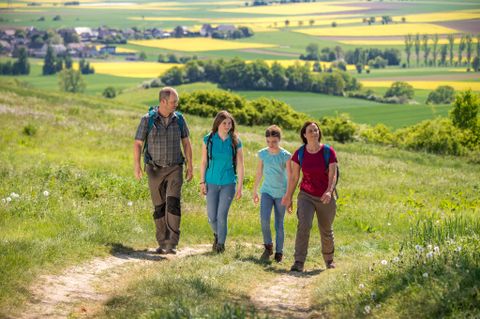 Wanderer laufen über den Paradiesweg im Frühling, der Raps blüht