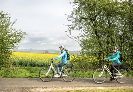 Zwei Radfahrer in blauen Jacken fahren auf einem Weg entlang eines blühenden Rapsfeldes, umgeben von grünen Bäumen und bewölktem Himmel., © Eifel Tourismus GmbH, Dominik Ketz