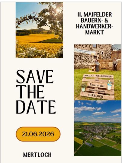 Ein Ankündigungsplakat für den 11. Maifelder Bauern- und Handwerkermarkt in Mertloch. Verschiedene Bilder zeigen ländliche Szenen und Begrüßungseinrichtungen.