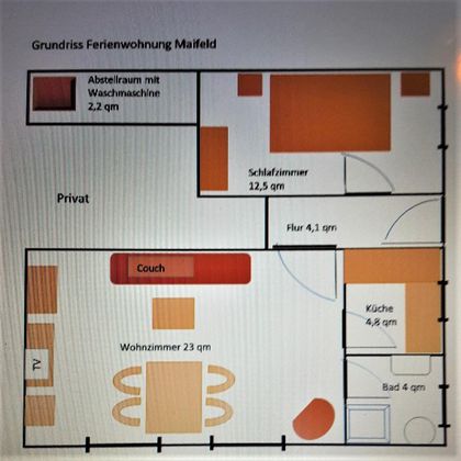 Grundriss einer Ferienwohnung mit verschiedenen Räumen. Die Räume umfassen ein Schlafzimmer, Wohnzimmer, Küche, Bad und Abstellraum.