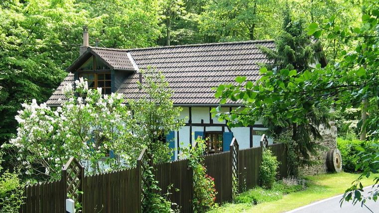 Een charmant huis omringd door kleurrijk groen en bomen. De straat loopt rustig naast het perceel.