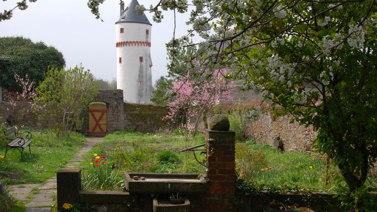 Ein idyllischer Garten mit bunten Blumen und einem alten Brunnen. Im Hintergrund steht ein historischer Turm mit einer spitzen Dachform.