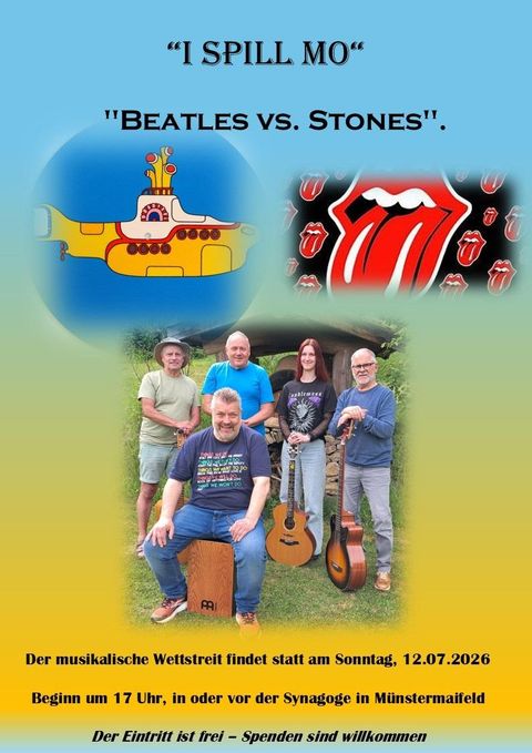 Ein Plakat für ein musikalisches Event mit dem Titel "I SPILL MO" und dem Thema "Beatles vs. Stones". Vier Musiker stehen mit Instrumenten auf einer bunten Hintergrundgrafik.